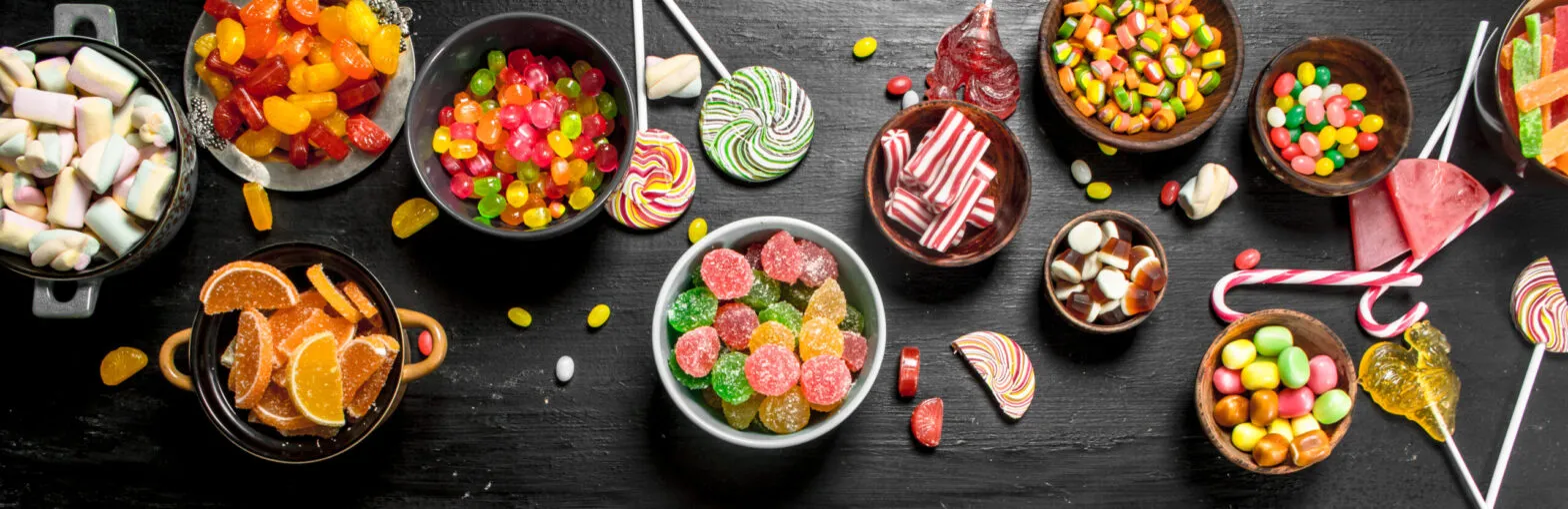 Different sweet candy, jelly and candied in a bowl.