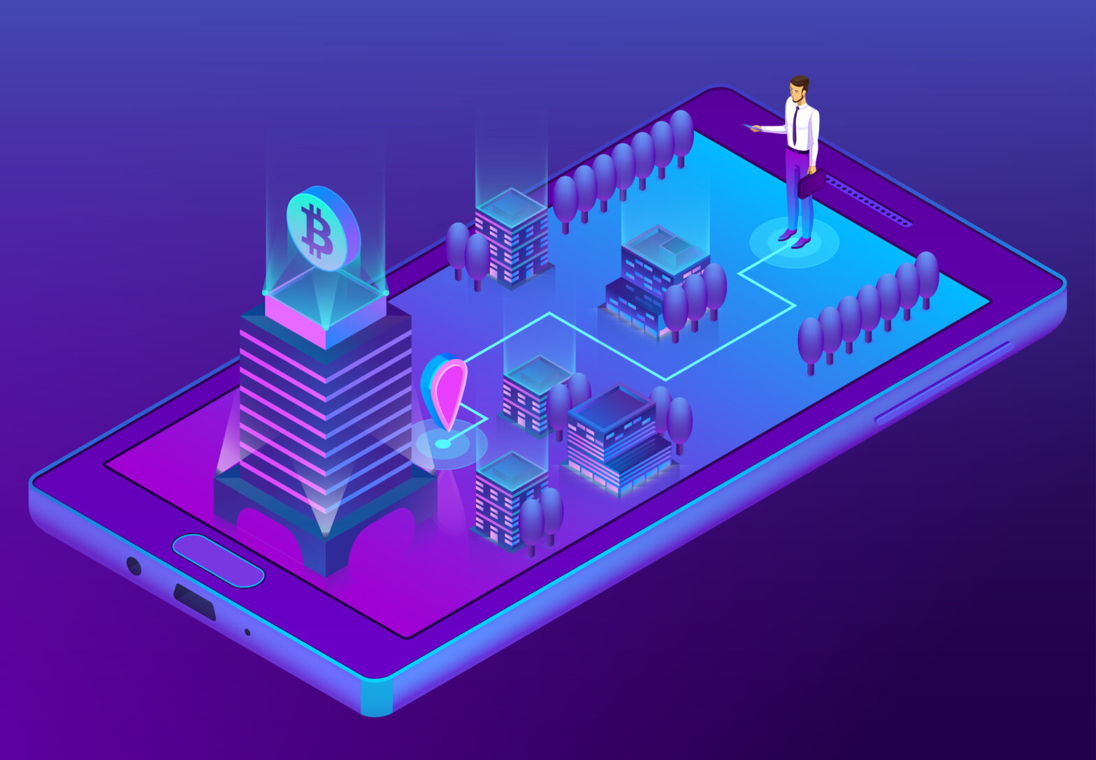 Vector 3d isometric concept with bitcoin mining
